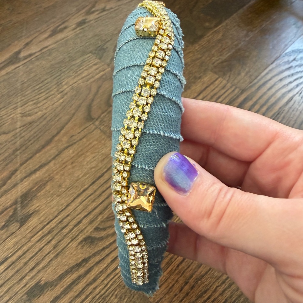 Blue Distressed Denim Padded Headband with Rhinestones - Picture 2 of 4